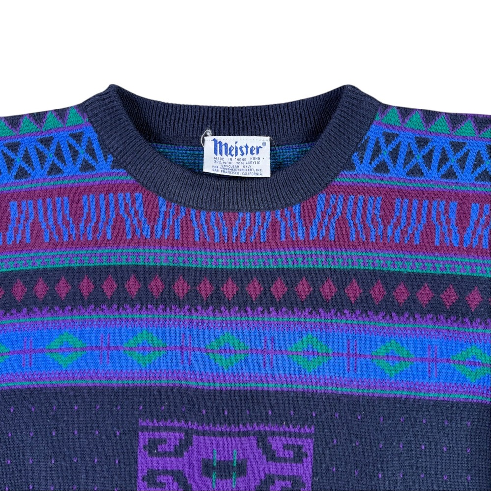 Vintage Meister Sweater Mens M Navy Blue Fair Isle Wool Blend Geometric 11023